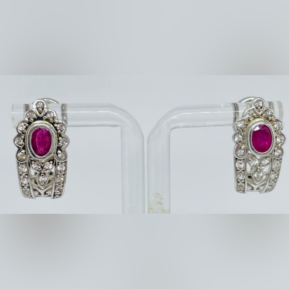 Sterling Silver, Ruby And White Topaz Earrings